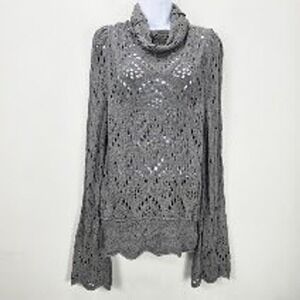 Free People Open Knit Turtleneck Sweater L Gray Puff Bell Sleeve Boho Coastal